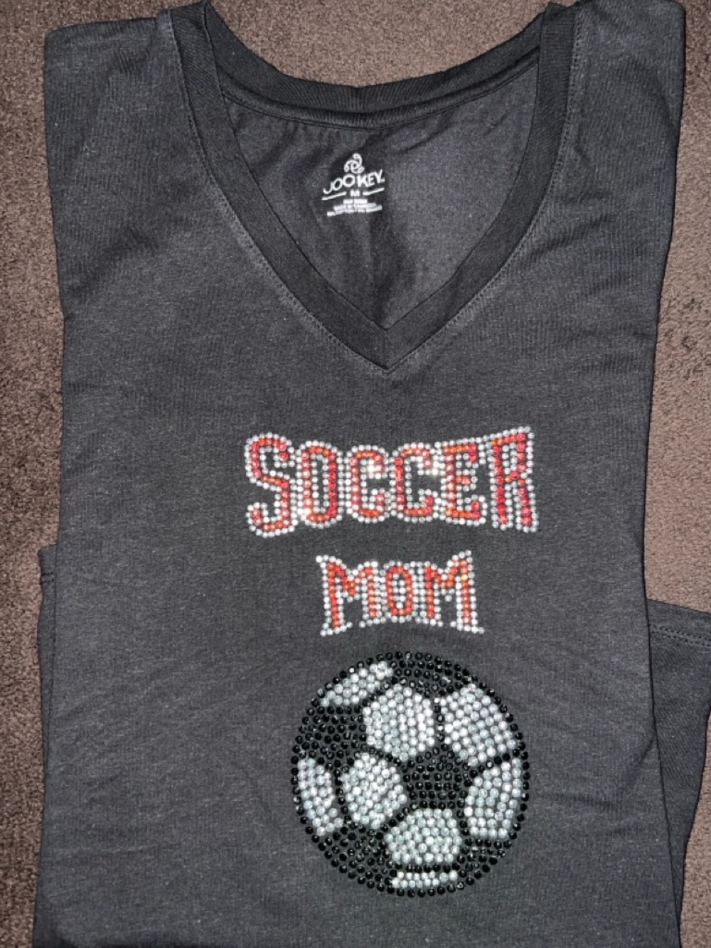 NWT Jockey Charcoal 'Soccer Mom' Rhinestone V-Neck Tee